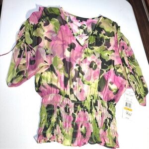 NWT Pink and Green Floral Smocked Blouse Vintage Size Small